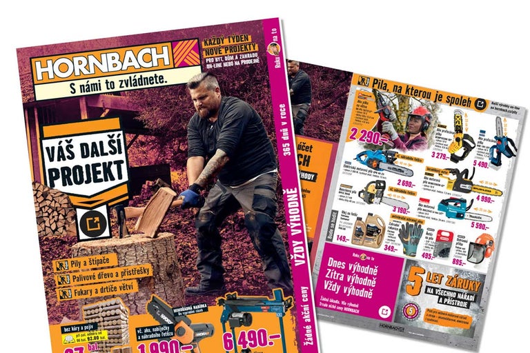 Reklamní leták Hornbach s různými motorovými pilami a zahradním nářadím pro projekty v domě a na zahradě.