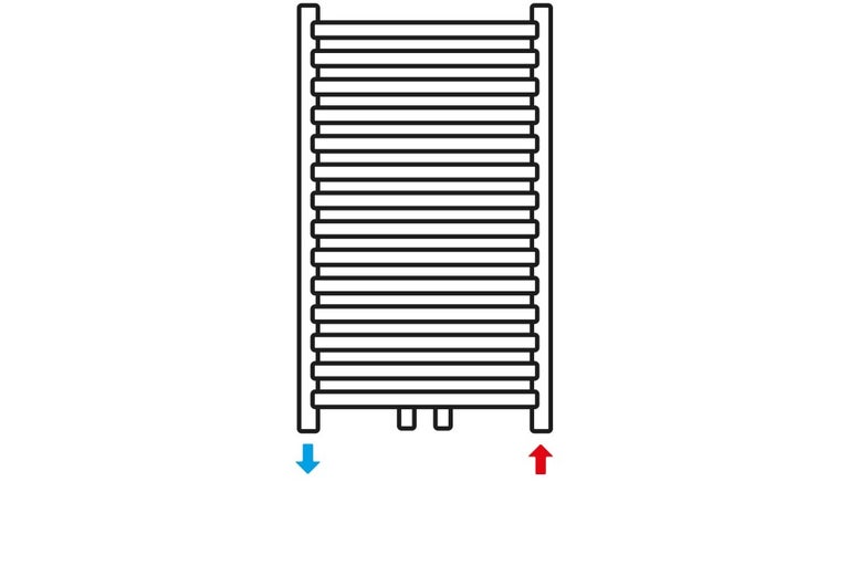 Schéma sušáku ručníků se šipkami pro přívod a odvod