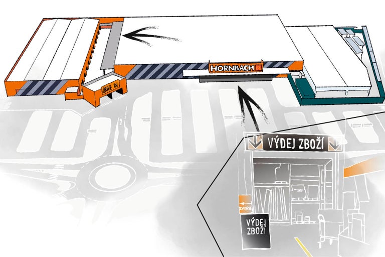 Ilustrace hobbymarketu Hornbach s drive-in a výdejem zboží