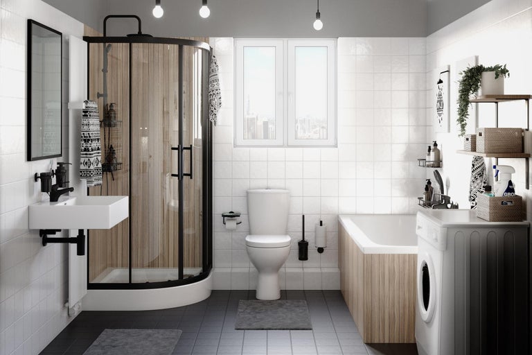 Moderní koupelna se sprchou, umyvadlem, toaletou, vanou a pračkou