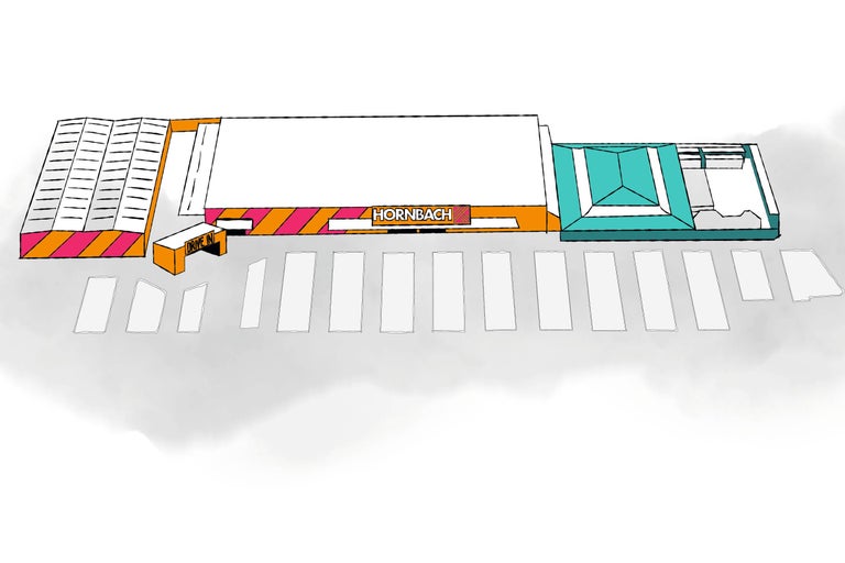Ilustrace pobočky Hornbach s parkovištěm a drive-in