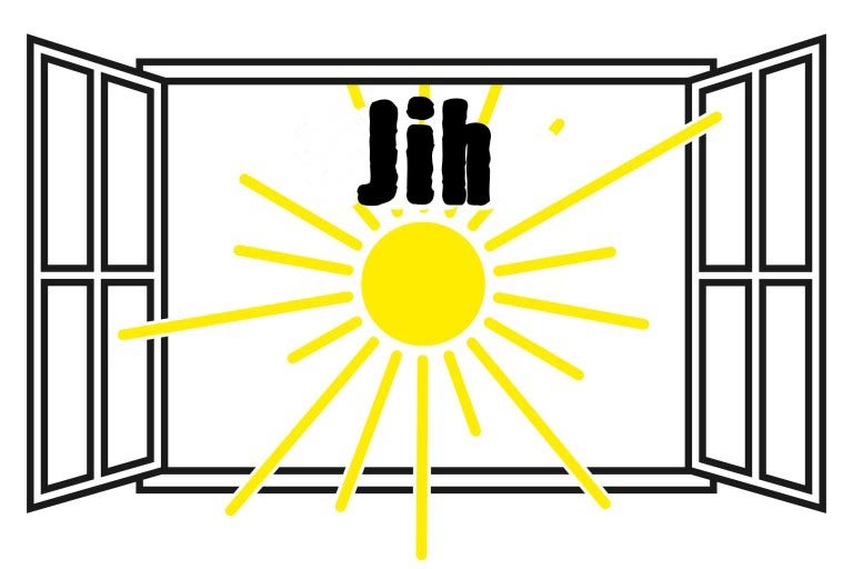 Otevřená okna se slunečním symbolem a slovem Jih