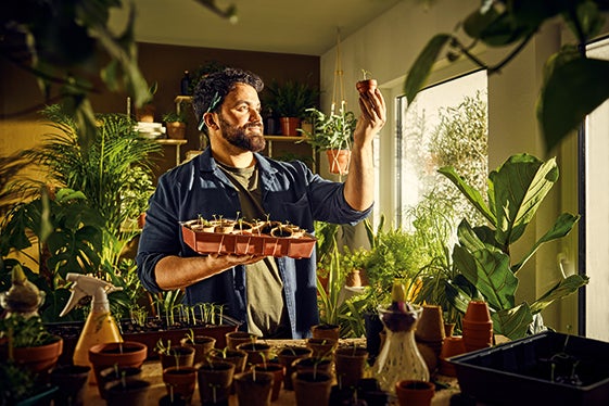 Muž si prohlíží sazenici v květináči v interiérové zahradě s výsevními miskami a rostlinami