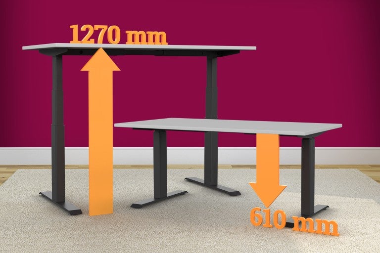 Výškově nastavitelný stůl s uvedením minimální a maximální výšky