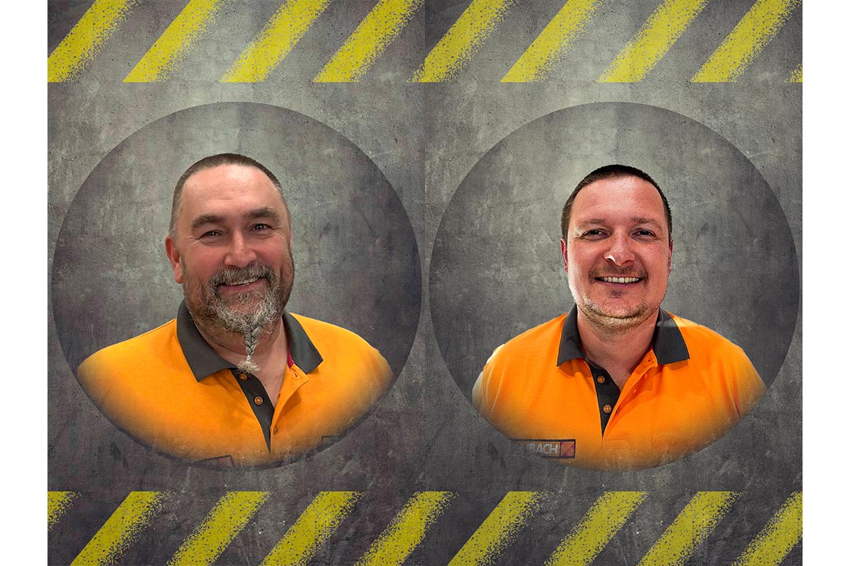 Dva usměvaví zaměstnanci společnosti Hornbach v pracovním oděvu na vzorovaném pozadí.