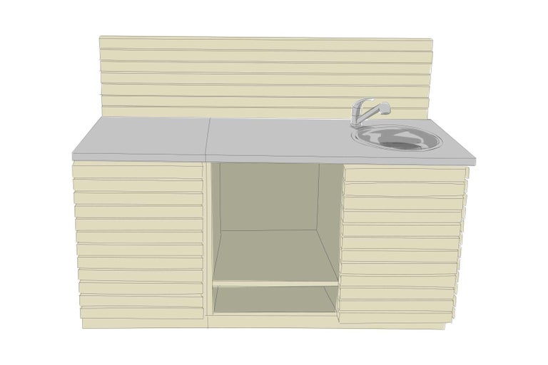 Venkovní umyvadlo s pracovní deskou a úložným prostorem