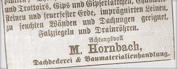 Historická reklama M. Hornbach, pokrývačství a obchod se stavebními materiály