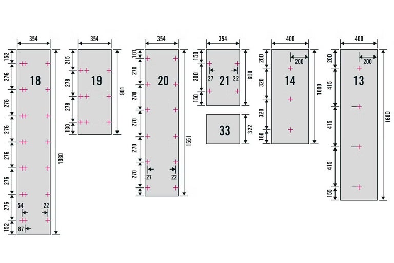 Technický výkres s rozměry a schématy vrtání pro různé nábytkové panely, očíslované 13 až 33, s rozměry v milimetrech.