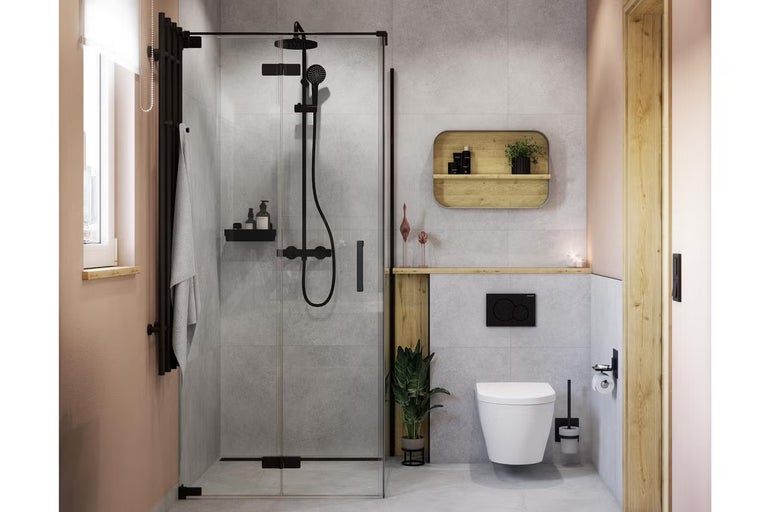 Moderní koupelna se sprchovým koutem, toaletou a dřevěnými policemi