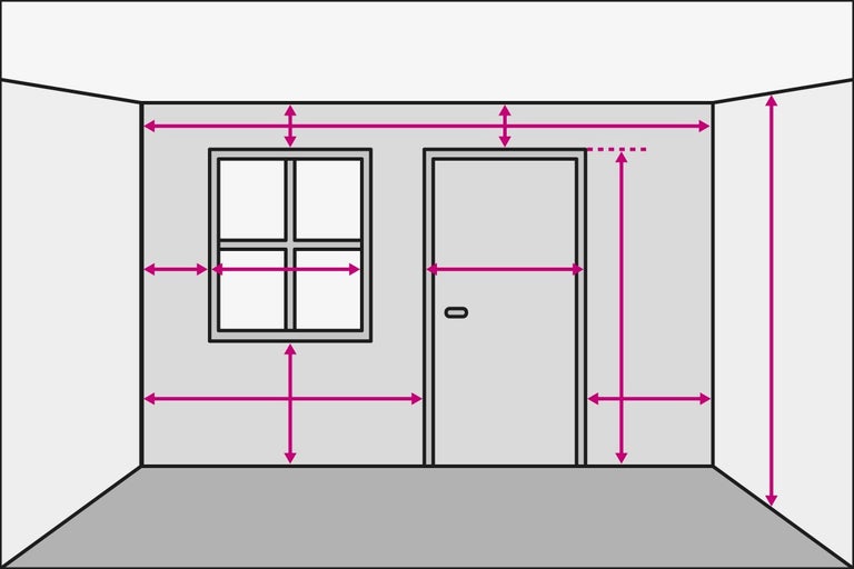 Ilustrace místnosti s rozměry pro okno, dveře a stěnu