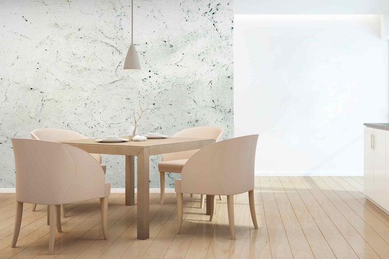 Jídelna s jídelním stolem, židlemi a dekorativní stěnou