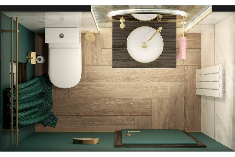 Pohled shora na koupelnu s toaletou, umyvadlem, sprchou a radiátorem