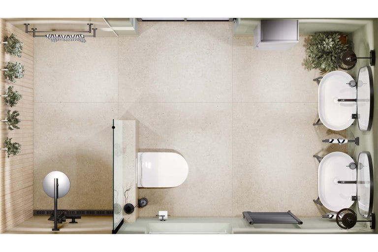 Pohled shora na světlou koupelnu s toaletou, umyvadlem, zrcadly, držákem na ručníky a rostlinami