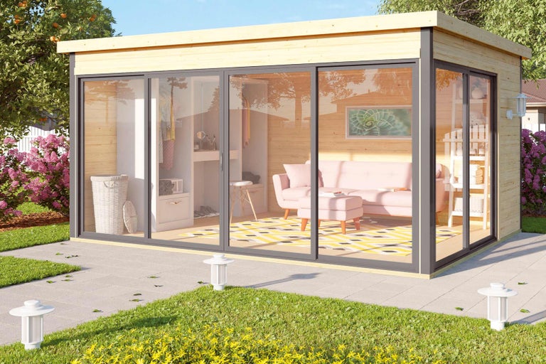 Moderní zahradní domek s posuvnými dveřmi a interiérem pro design obytného prostoru