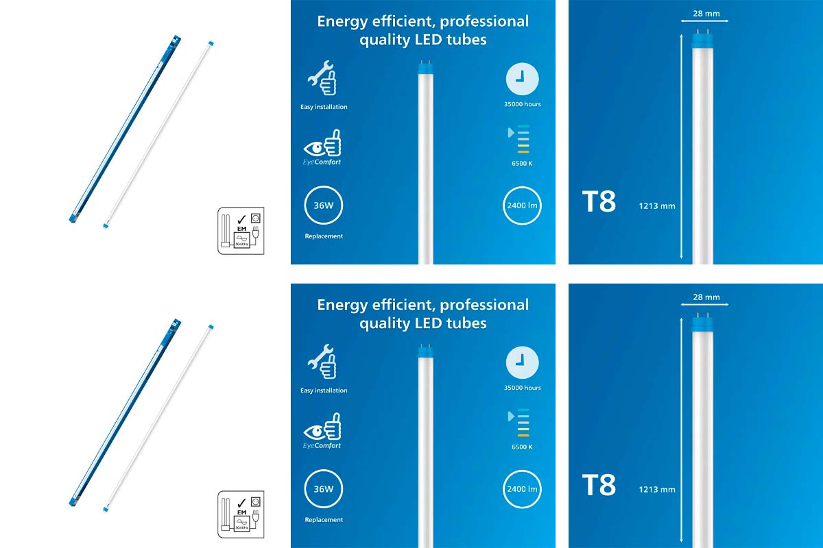 LED trubice T8 s delkou 1213 milimetru a prumerem 28 milimetru, vykonem 36 wattu, svetelnym tokem 2400 lumenu a teplotou chromaticnosti 6500 K.