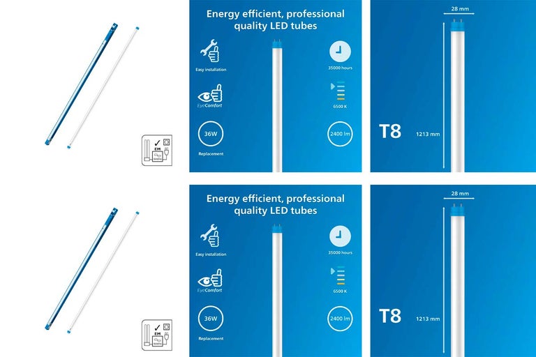 LED trubice T8 s delkou 1213 milimetru a prumerem 28 milimetru, vykonem 36 wattu, svetelnym tokem 2400 lumenu a teplotou chromaticnosti 6500 K.