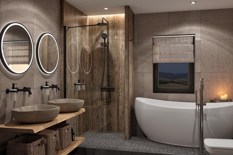 Koupelna se dvěma umyvadly, dvěma kulatými zrcadly s osvětlením, sprchovým koutem a vanou