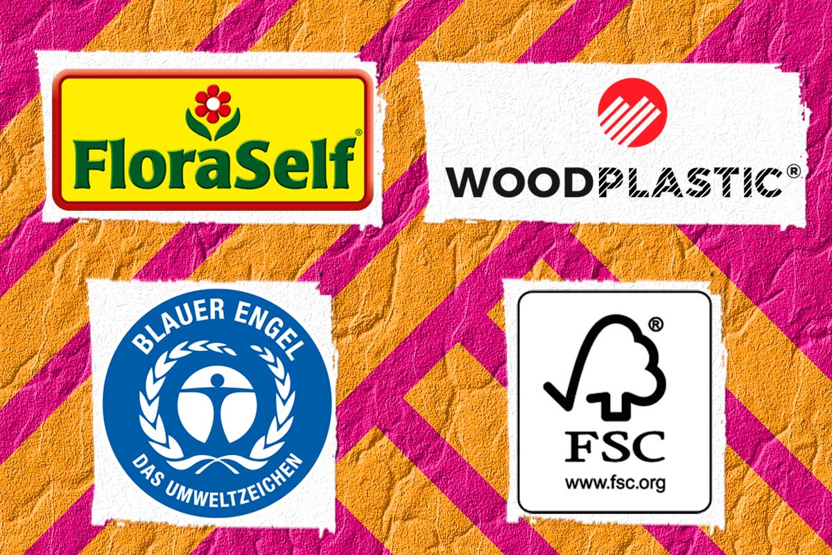 Obrázky loga FloraSelf, loga Woodplastic, environmentální značky Modrý anděl a pečetě FSC