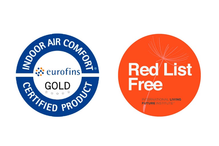 Certifikace Eurofins Indoor Air Comfort Gold pro nízké emise a pečeť Red List Free pro absenci škodlivých látek