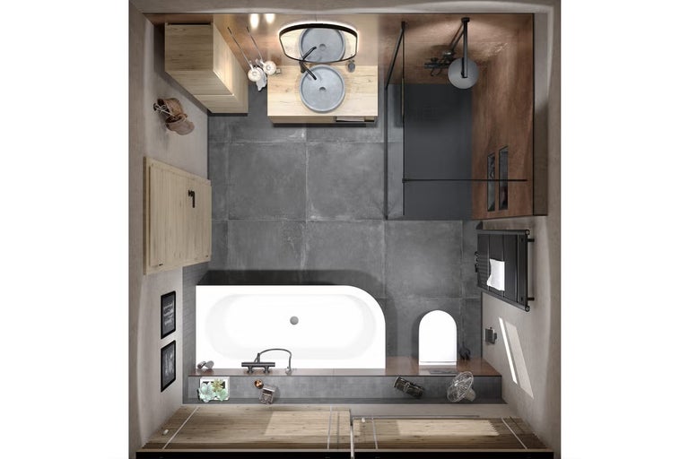 Ptačí perspektiva koupelny s vanou, sprchou, umyvadlem a šedými dlaždicemi.