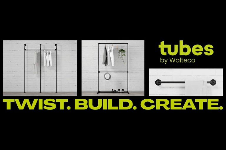 tubes by Walteco Logo. Modulární černý trubkový systém v industriálním designu pro nábytek, jako jsou věšáky, police a držáky na ručníky.