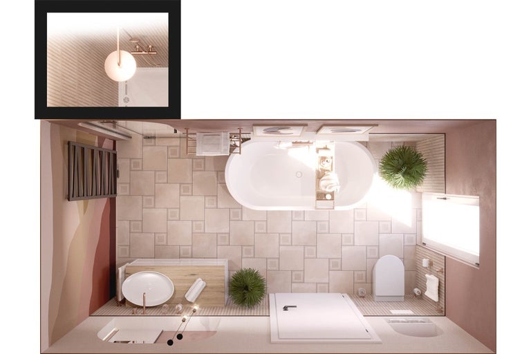 Pohled z ptačí perspektivy na koupelnu s vanou, toaletou, umyvadlem a sprchou