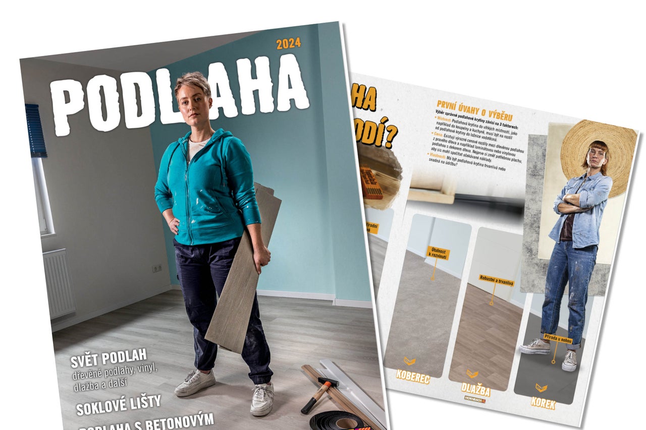 Katalog podlahových krytin Hornbach 2024 se ženou držící podlahové krytiny a přehledem různých podlahových krytin