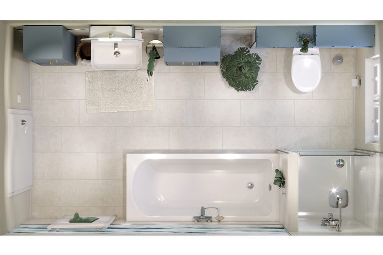 Ptačí perspektiva koupelny s vanou, umyvadlem, toaletou a sprchou