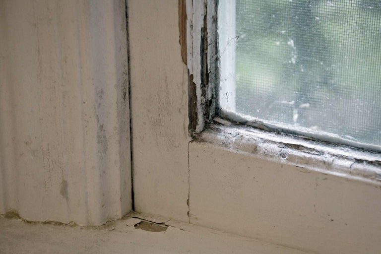 Detail okna s poškozeným rámem a známkami plísně.