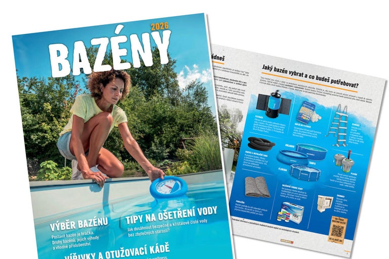 Hornbach brožura Bazény 2026 s informacemi o výběru bazénu, tipy na ošetření vody a příslušenstvím, jako jsou filtrace a schůdky.