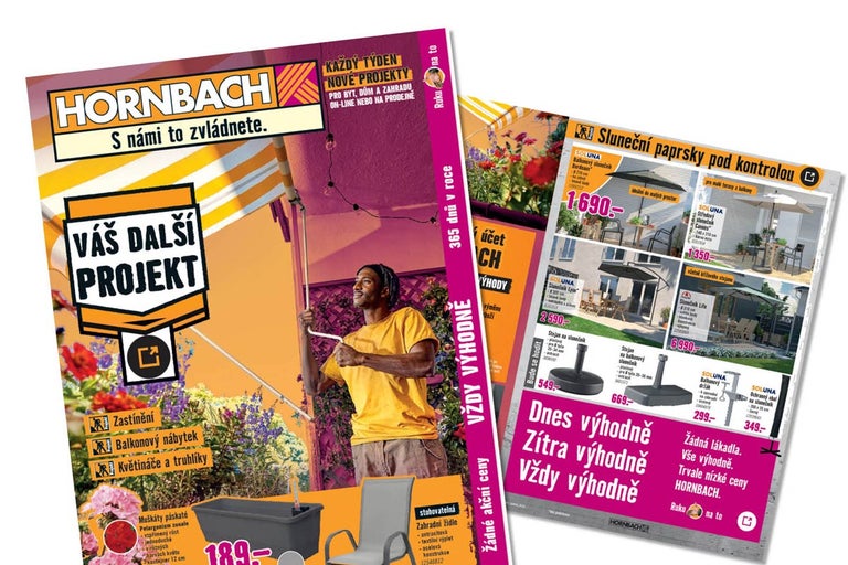Hornbach akční letáky s nabídkou pro zahradní projekty, slunečníky a balkónový nábytek.