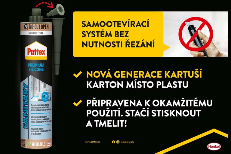 Pattex Premium Sanitární silikon v samootevírací kartuši z kartonu místo plastu. Ihned připraven k použití bez řezání. Henkel Logo.
