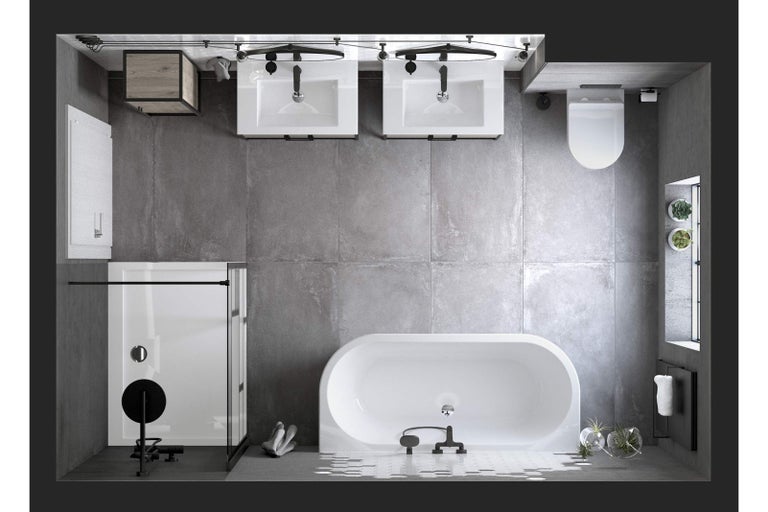 Pohled shora na koupelnu se sprchou, vanou, umyvadlem a toaletou