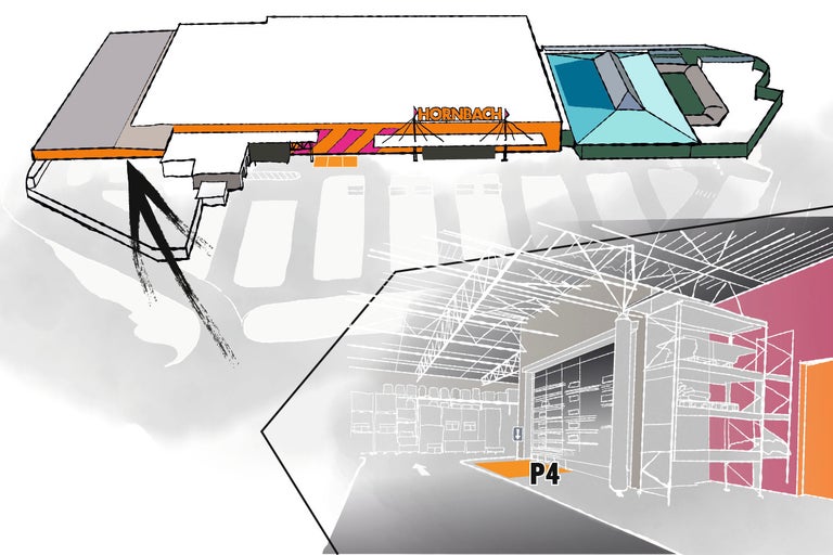 Pohled shora na hobbymarket Hornbach s parkovištěm a interiérem