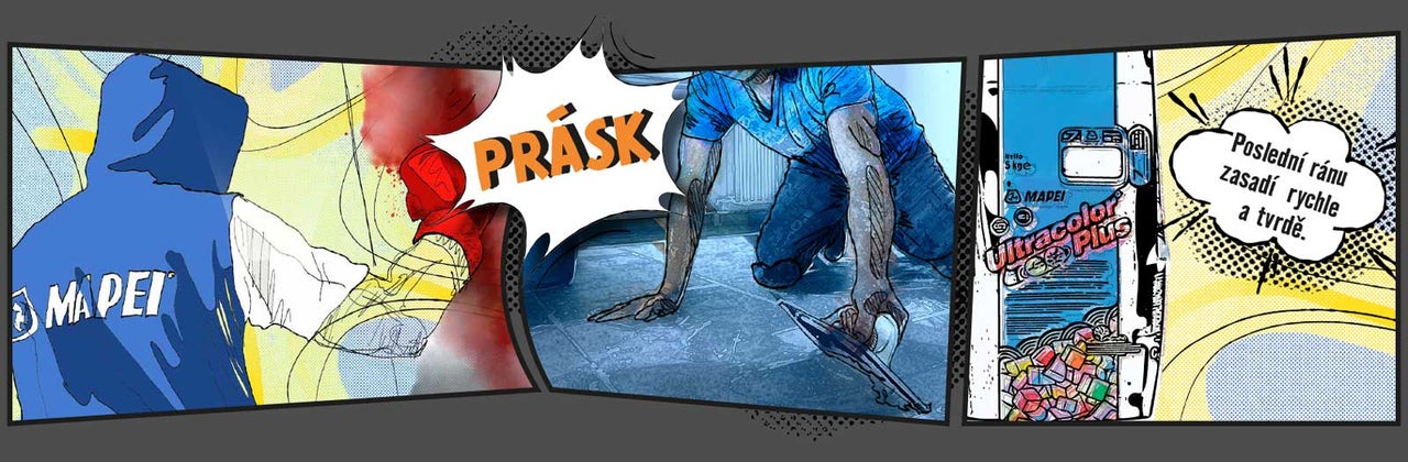 Komiksové zobrazení spárovací hmoty Mapei Ultracolor Plus v akci