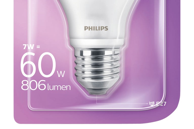 Logo Philips. 7 wattu se rovná 60 wattu 806 lumenů žárovka E27