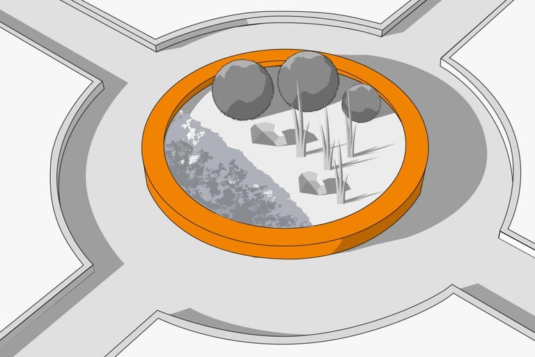 Kruhový objezd se stromy, rostlinami a kameny