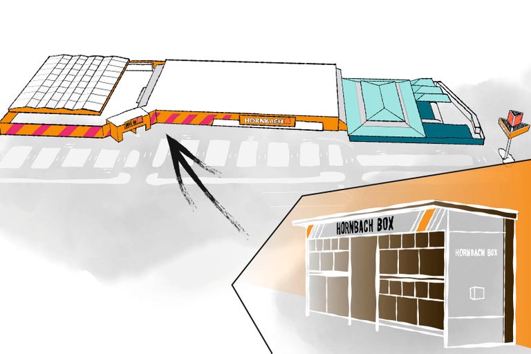 Ilustrace obchodu Hornbach s ukazatelem na Hornbach Box