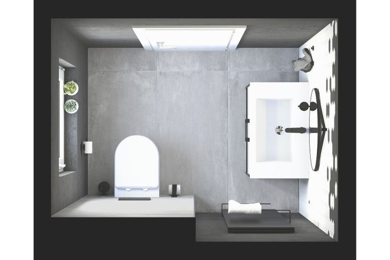 Pohled na moderní koupelnu s toaletou, umyvadlem a zrcadlem.