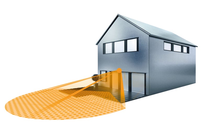 Ilustrace domu se snímací oblastí detektoru pohybu