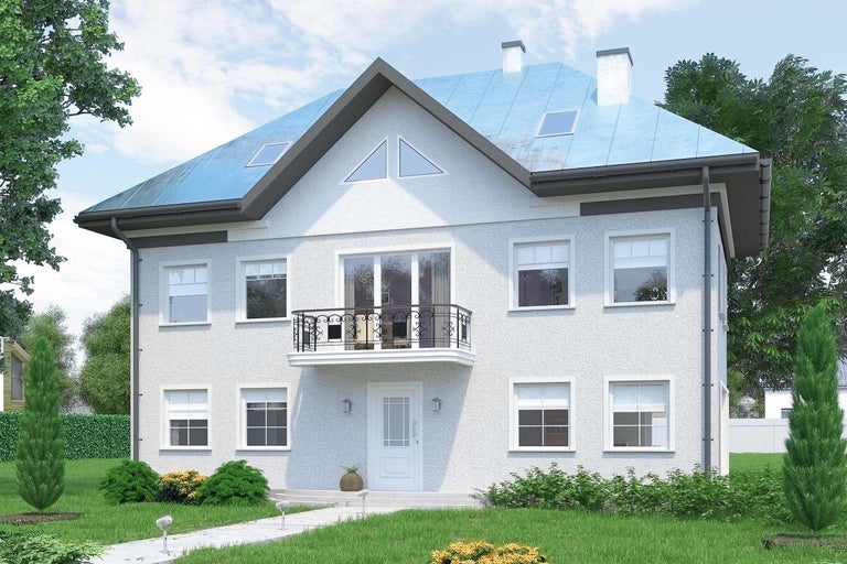 Pohled na dvoupodlažní dům s balkonem a střešními okny