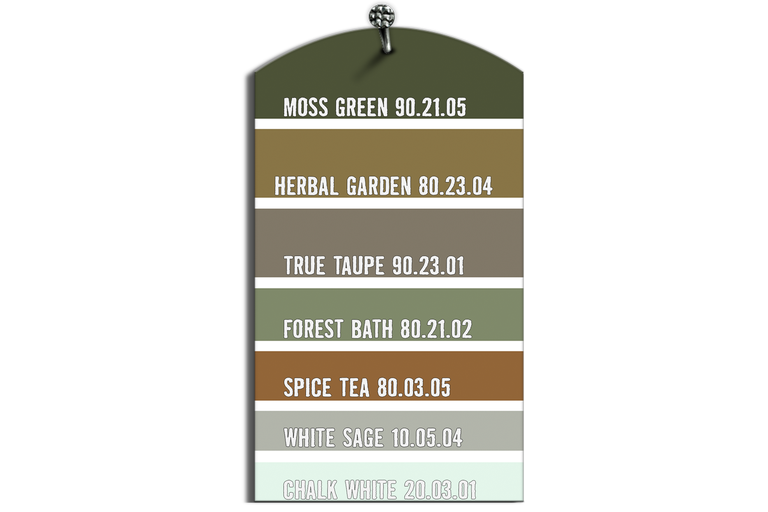 Vzorník barev s barvami Mechově zelená, Bylinková zahrada, Pravá Taupe, Lesní lázeň, Kořeněný čaj, Bílá šalvěj a Křídově bílá