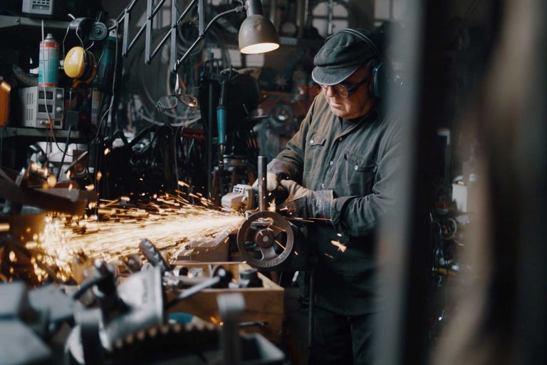 Muž opracovává kov bruskou, z níž létají jiskry.