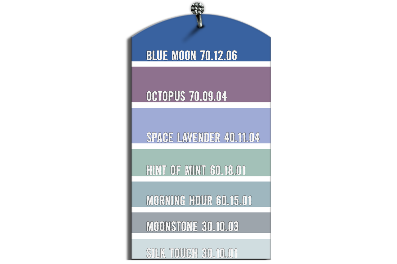 Vzorník barev s odstíny jako Blue Moon, Octopus, Space Lavender, Hint of Mint, Morning Hour, Moonstone a Silk Touch.