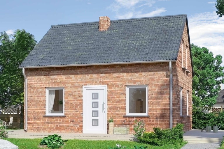 Pohled na rodinný dům s cihlovou fasádou a cihlovou střechou