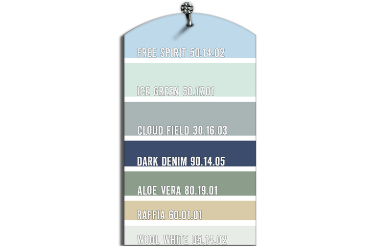 Vzorník barev s různými odstíny: Free Spirit, Ice Green, Cloud Field, Dark Denim, Aloe Vera, Raffia, Wool White