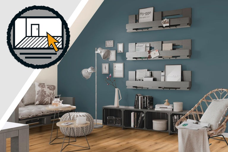 Obývací pokoj s policemi, sedadly a podlahovou krytinou a také ikona pro prostorové plánování.