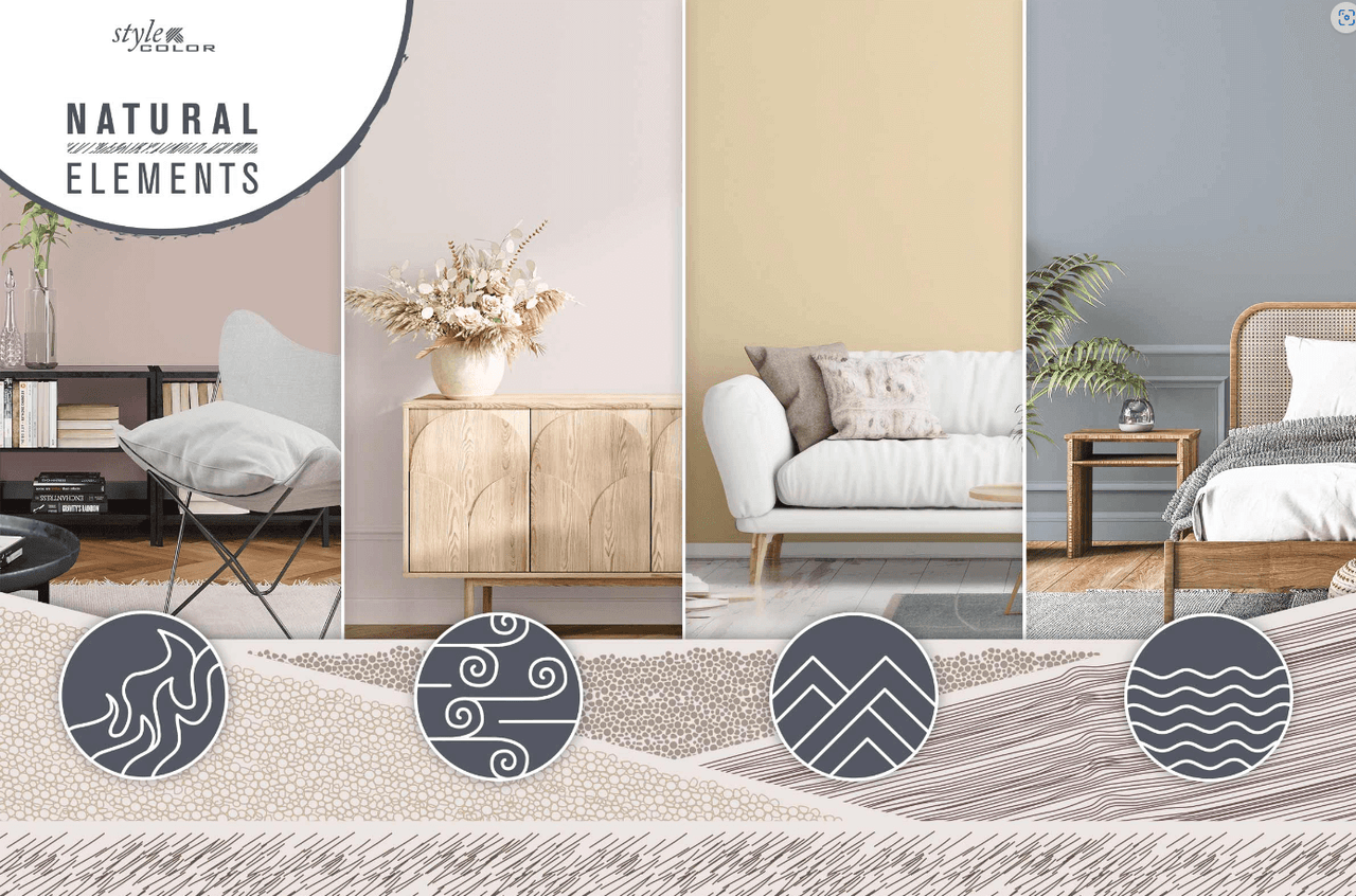 Inspirace pro design interiéru s přírodními prvky, jako je dřevěný nábytek a odpovídající barvy stěn.