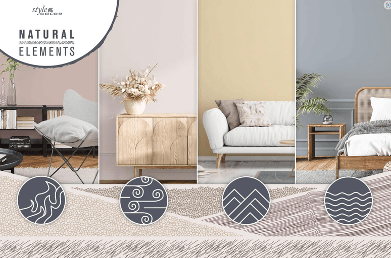 Inspirace pro design interiéru s přírodními prvky, jako je dřevěný nábytek a odpovídající barvy stěn.