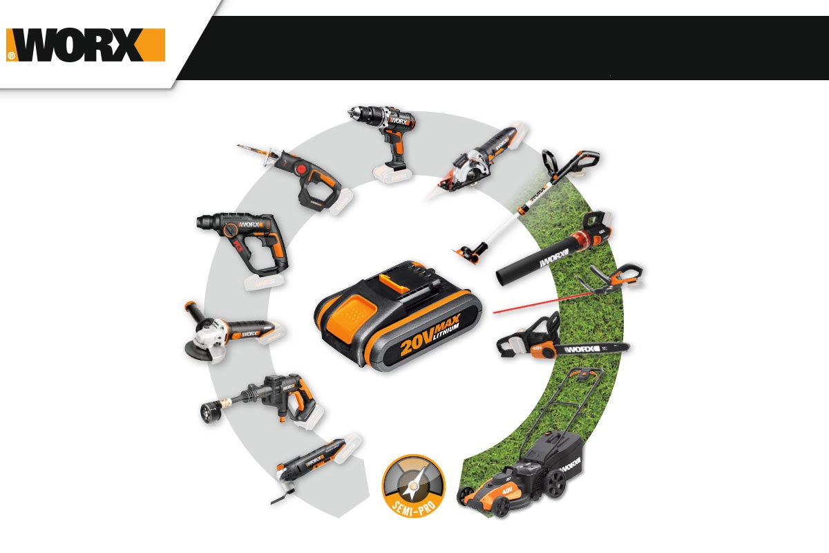 Sortiment elektrického nářadí Worx s 20V Max lithiovou baterií, vrtačka, pila, úhlová bruska, sekačka na trávu a další